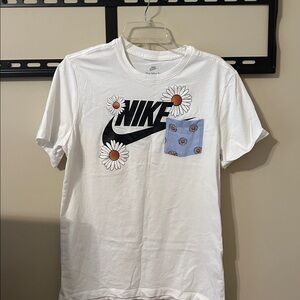 Nike White Tee with Daisy Accents and Blue Pocket